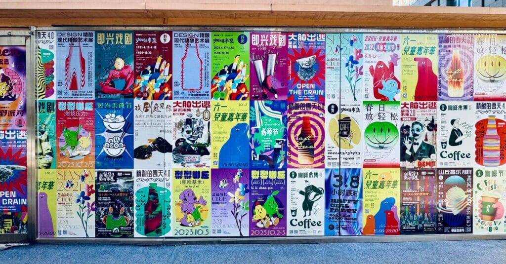 Muro di affissioni pubblicitarie con manifesti colorati in città