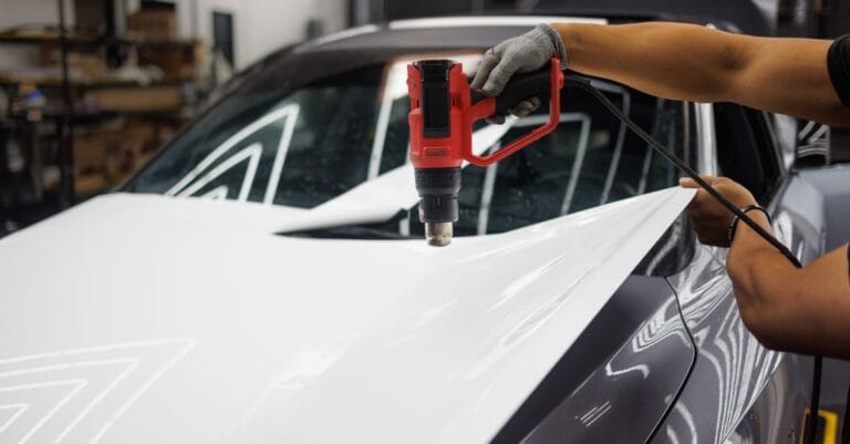 Tecnico applica una pellicola adesiva per car wrapping sulla carrozzeria di un’auto